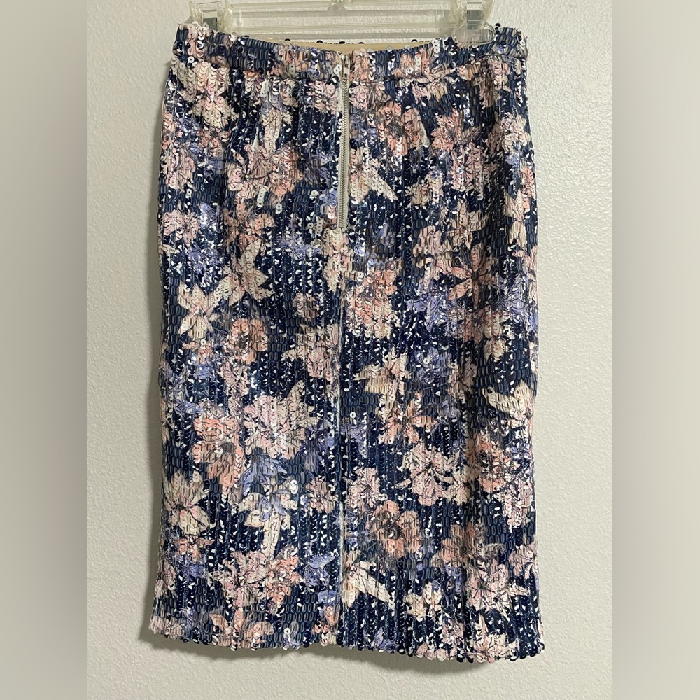 Anthro Endless Rose Blue Pink Floral Sequin Pencil Skirt Boho Wedding Guest - Picture 4 of 8